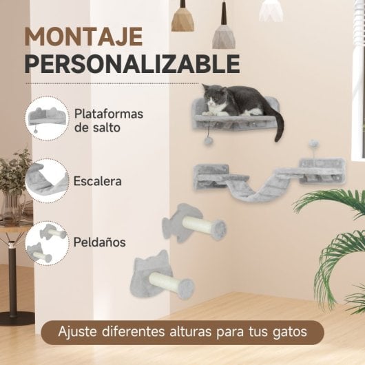 Pawhut Juego De Pared De Escalada Para Gatos De 4 Piezas Con Plataformas Gris