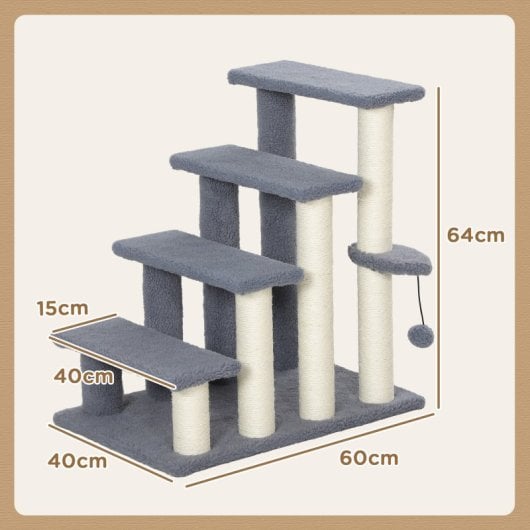 Pawhut Escalera Para Gatos 4 Niveles Cubierto De Suave Franela 60x40x64 Cm Gris