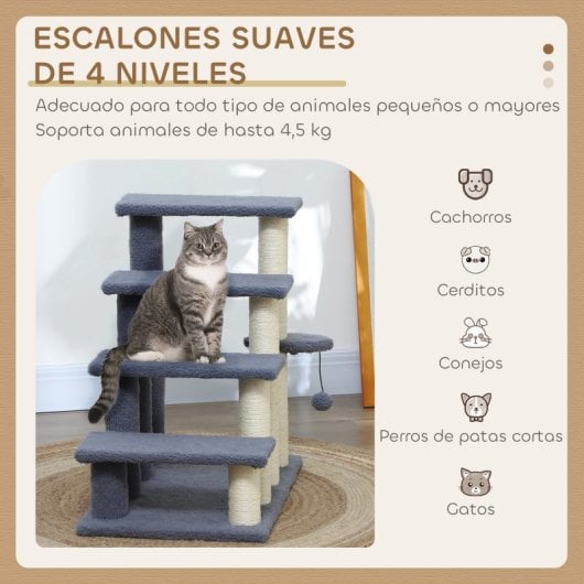 Pawhut Escalera Para Gatos 4 Niveles Cubierto De Suave Franela 60x40x64 Cm Gris