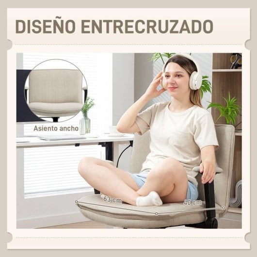 Homcom Silla De Oficina Piernas Cruzadas Con Reposabrazos Abatible Crema