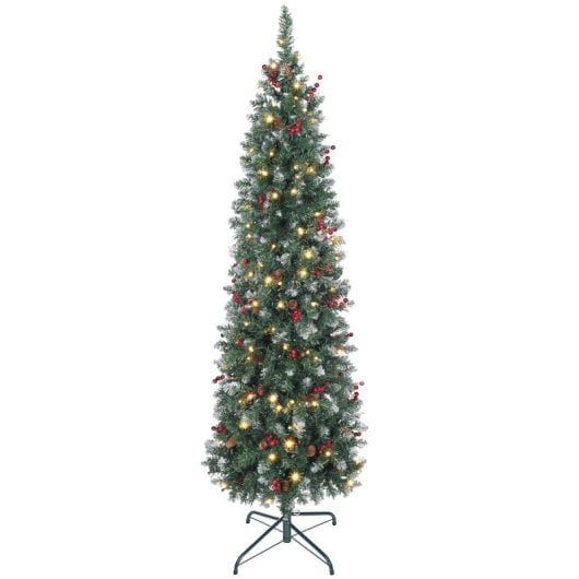 Homcom Árbol De Navidad Estrecho 180 Cm Con Luces Led Ramas Piñas Y Soporte