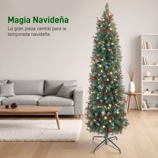 Homcom Árbol De Navidad Estrecho 180 Cm Con Luces Led Ramas Piñas Y Soporte