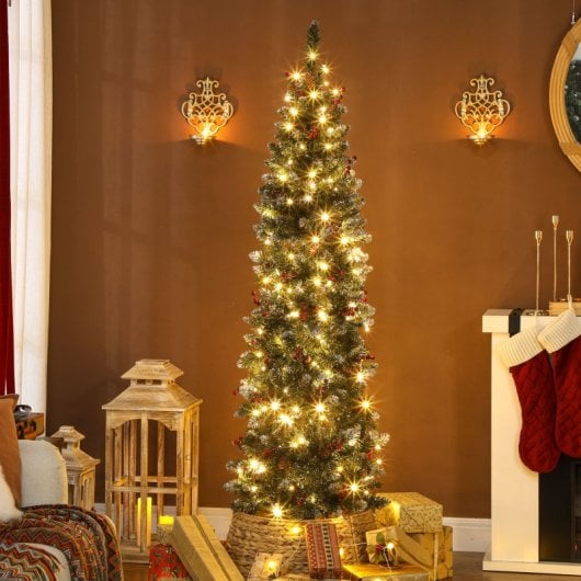 Homcom Árbol De Navidad Estrecho 180 Cm Con Luces Led Ramas Piñas Y Soporte