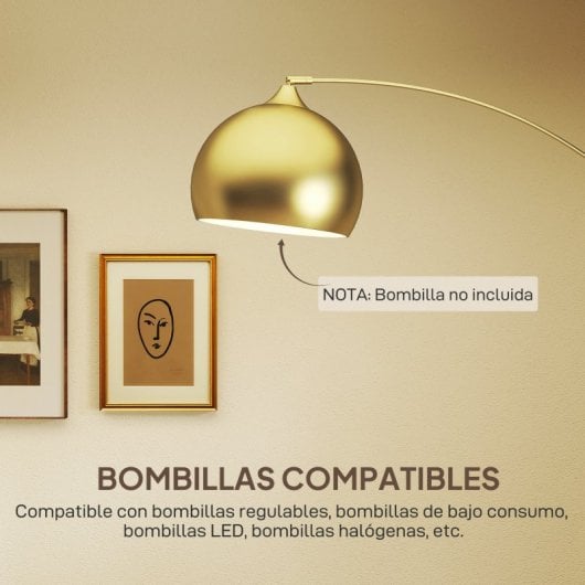 Homcom Lámpara De Pie Arco Altura Ajustable 110-115x35x170-180 Cm Dorado Y Negro