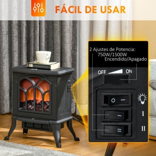 Homcom Chimenea Eléctrica De Pie 750/1500 W Área De Cobertura 15-20 M² Negro