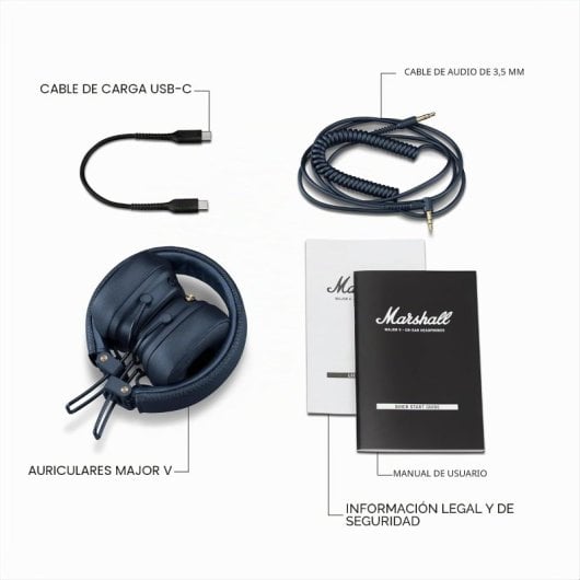 Casque Marshall sans fil Bluetooth 5.3 avec microphone supra-aural bleu pliable