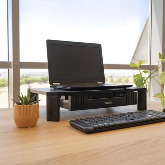 Soporte Elevador TooQ TQMMPD02 para Monitor/Portátil con Cajón, Negro, 20 kg, Altura Ajustable