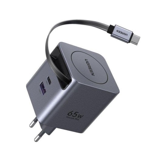 Chargeur Ugreen Nexode Pro 65W GaN câble USB-C rétractable USB-C/USB-A