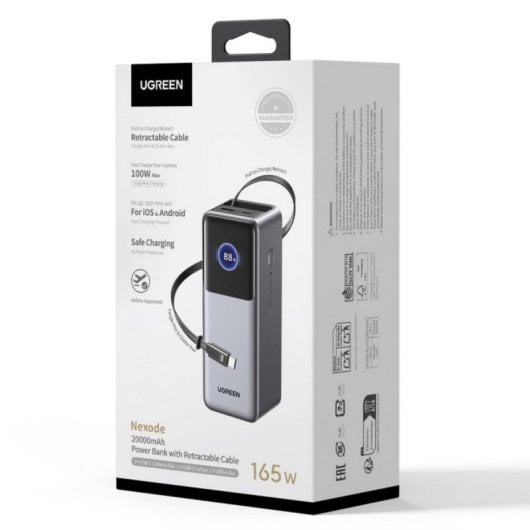 Power Bank UGREEN 165 W 20000 mAh Cable Retráctil Carga Rápida y Aeronáutica