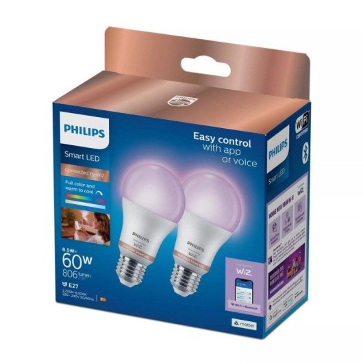 Bombilla inteligente Philips A60 E27 8,5W Wi-Fi Bluetooth x2 Blanco regulable