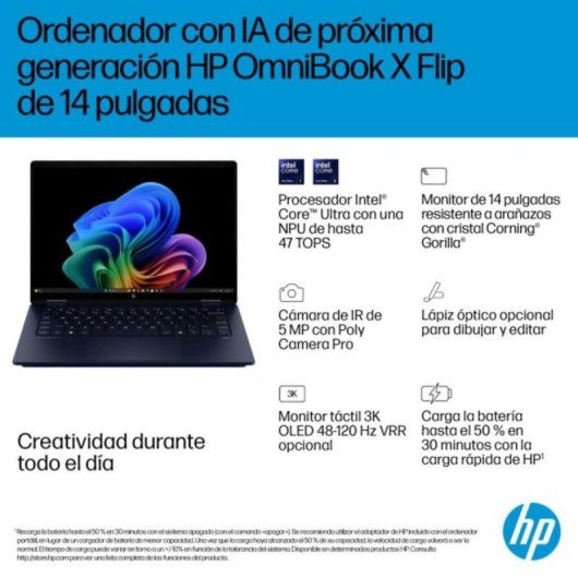 Portátil HP OmniBook X Flip 14" Intel Core Ultra 7 258V 32GB 1TB SSD OLED 3K Táctil Azul
