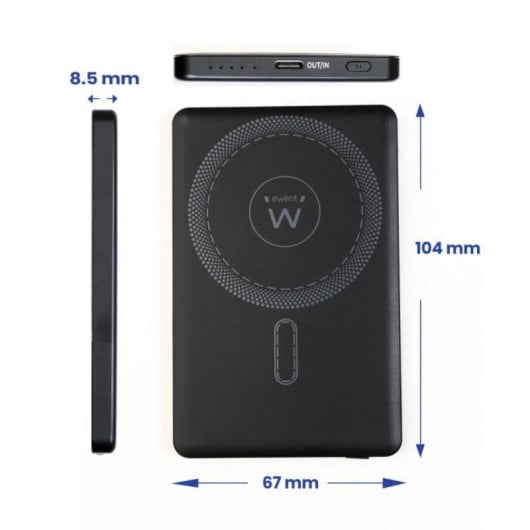 Power Bank Ewent UltraSlim 5000mAh MagSafe PD 22.5W Carregamento Rápido Preto