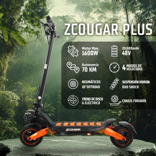 Patinete eléctrico ZWheel ZCougar Plus 25 km/h 70 km de autonomía 1600 W suspensión DUO SHOCK luces LED Bluetooth