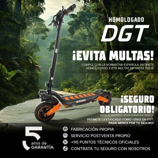 Patinete eléctrico ZWheel ZCougar Plus 25 km/h 70 km de autonomía 1600 W suspensión DUO SHOCK luces LED Bluetooth