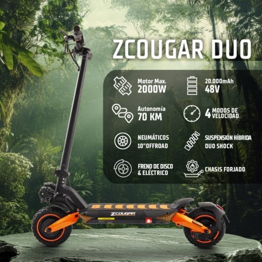 Patinete eléctrico ZWheel Zcougar Duo 25 km/h 70 km de autonomía 2x1000W suspensión DUO SHOCK y luces LED