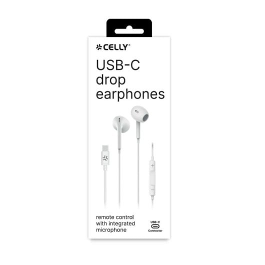 Auriculares Celly UP1300TYPECWH com fio USB-C para chamadas e música, microfone branco