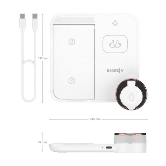 Cargador inalámbrico AISENS ASCH-15W4WC061-W 15W 4 en 1 para móvil, Apple Watch y auriculares blanco