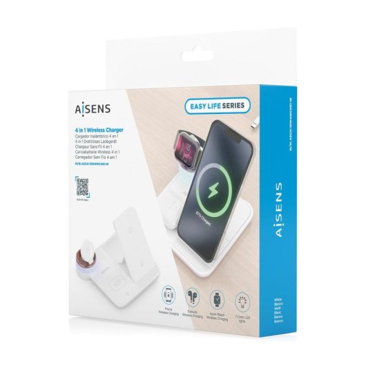 Cargador inalámbrico AISENS ASCH-15W4WC061-W 15W 4 en 1 para móvil, Apple Watch y auriculares blanco