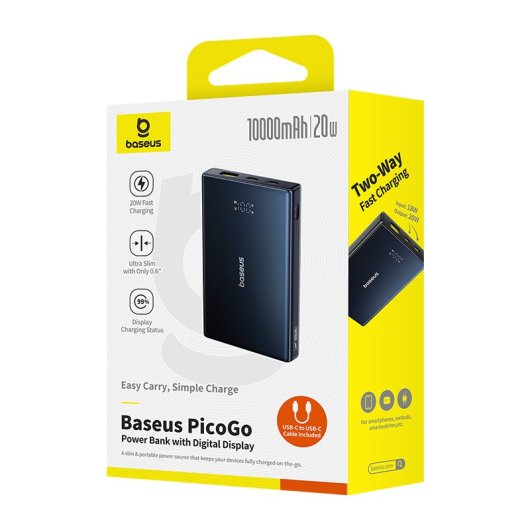 Power Bank Baseus PicoGo 10000mAh 20W USB-C+USB-A Carga Rápida Negra