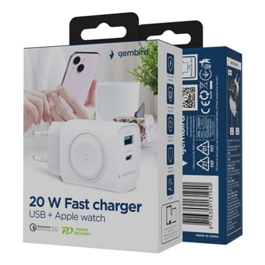 Caricatore rapido Gembird TA-UC-PDQCW20-01-W 20 W 2 porte USB-C e USB-A Interno Bianco