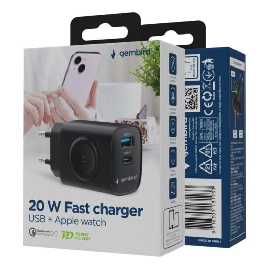 Carregador rápido Gembird TA-UC-PDQCW20-01-BK 20 W 2 portas USB-C/USB-A Preto Interior