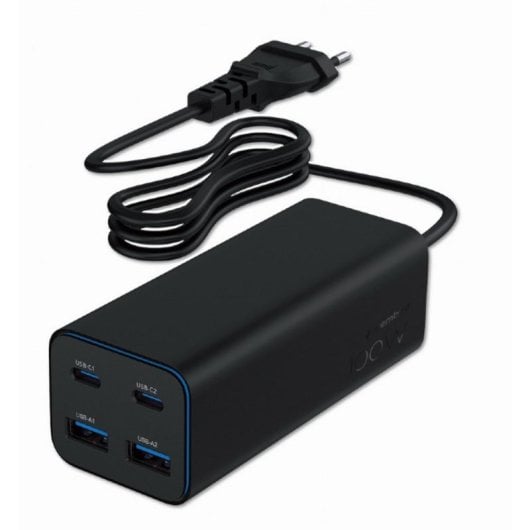 Fuente de Alimentación Gembird 100W GaN Power Delivery TA-UC-2A2C-PD100-01-BK Carga rápida USB-C y USB-A Protecciones avanzadas
