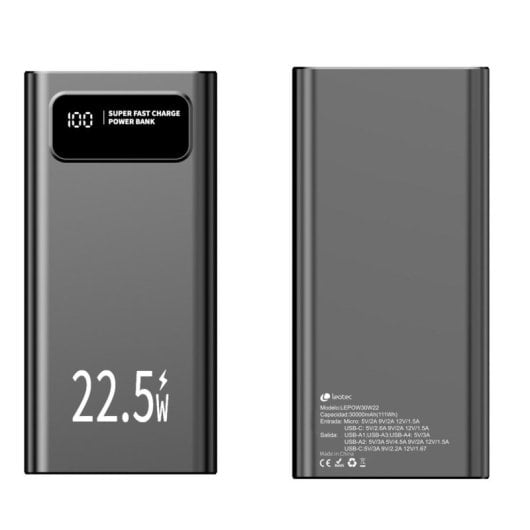 Powerbank Leotec 30000mAh 22.5W PD QC3.0 LCD USB-C USB-A Nero Alta Capacita