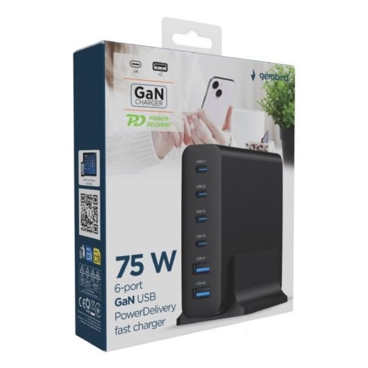 USB Ladegerät Gembird TA-UC-2A4C-PD75-01-BK 75W GaN Schnellladung 6 Ports Schwarz