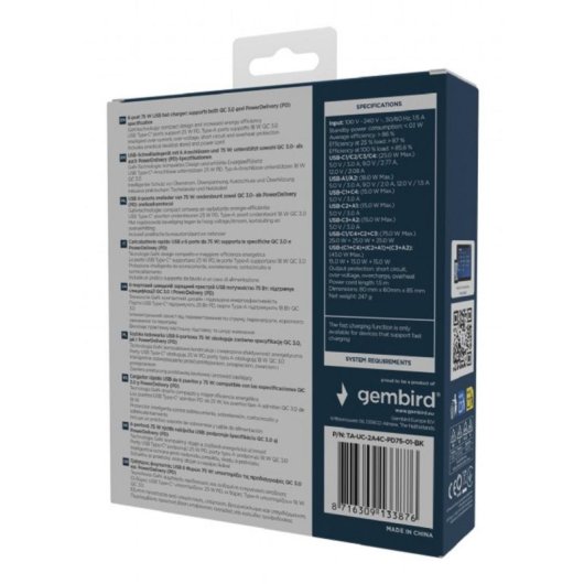USB Ladegerät Gembird TA-UC-2A4C-PD75-01-BK 75W GaN Schnellladung 6 Ports Schwarz