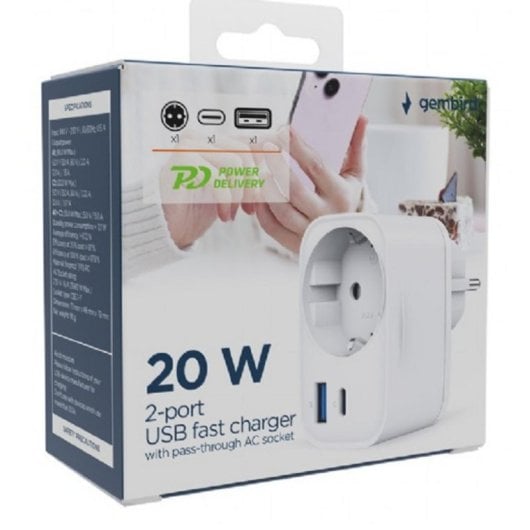 Cargador universal Gembird TA-ACPDQC20-01-W 3680W USB-C PD 20W + USB-A QC 3.0 18W carga rápida blanco
