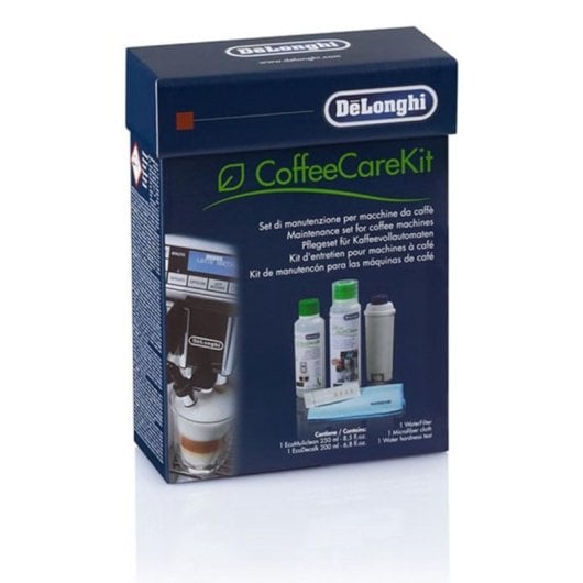Kit limpieza DeLonghi DLSC306 para cafeteras automaticas con filtro, EcoDecalk, Eco MultiClean, paño microfibra, test dureza