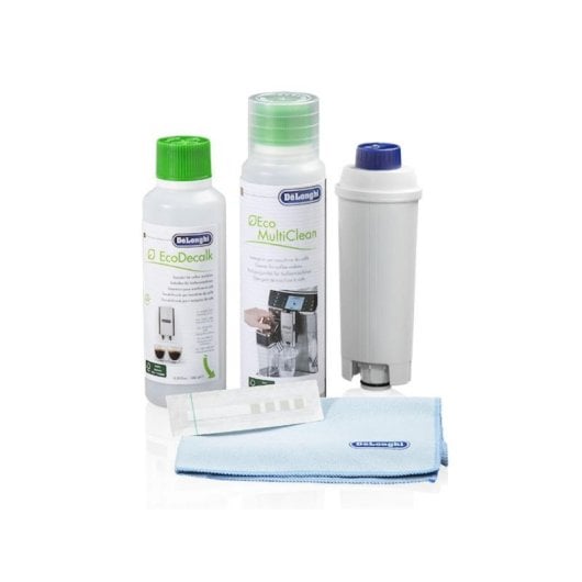 Kit limpieza DeLonghi DLSC306 para cafeteras automaticas con filtro, EcoDecalk, Eco MultiClean, paño microfibra, test dureza