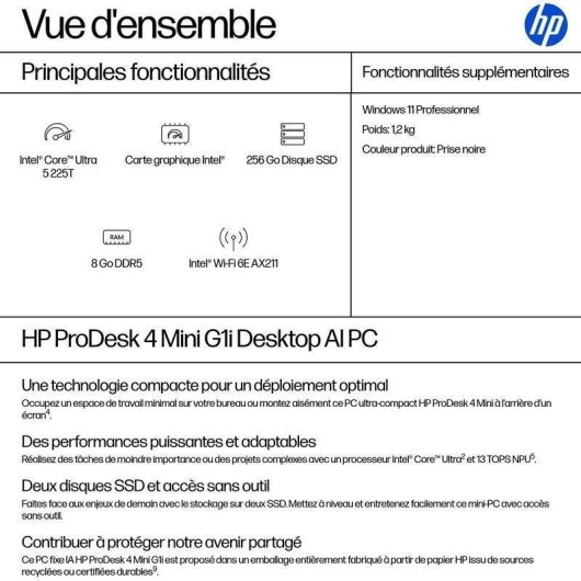 PC Sobremesa HP ProDesk 4 Mini G1i Intel Core Ultra 5 8GB 256GB SSD Intel Graphics Windows 11 Pro WiFi 6E