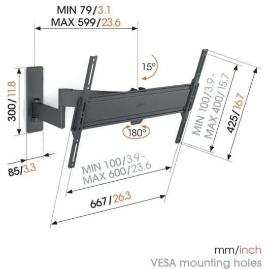 Soporte TV Full Motion+ Vogels 1643 hasta 77" 35 kg 600x400 negro pared