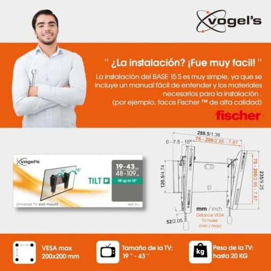 Soporte TV inclinable Vogel's Base 15 S para pantallas de 19 a 43 pulgadas hasta 20 kg