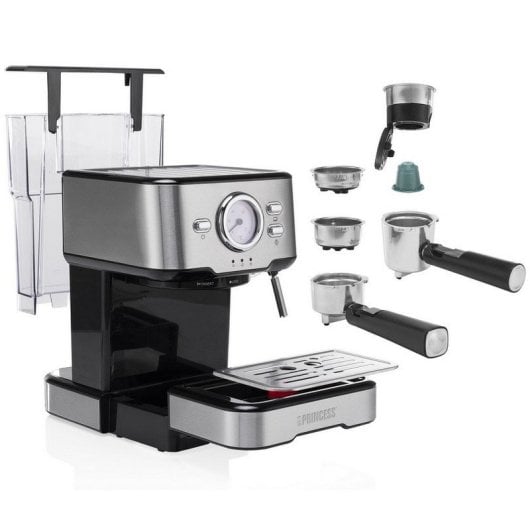 Cafetera Espresso Manual Princess 249415 1.5L 20 bares bandeja calienta tazas cápsulas y café molido