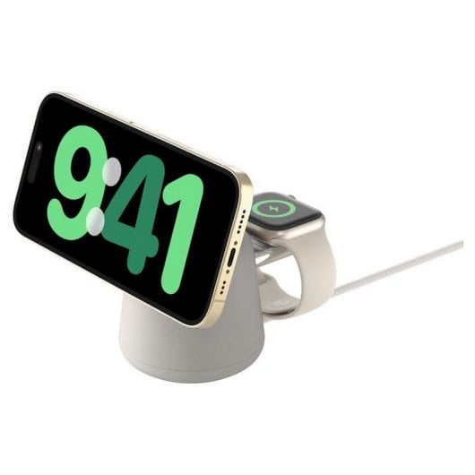 Chargeur sans fil Belkin BoostCharge Pro Qi2 15 W 2 en 1 USB-C beige, câble de 1,5 m