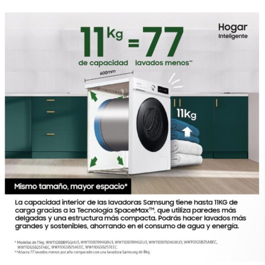 Lavadora Samsung WW11DB7B94GBU3 11kg Carga Frontal 1400rpm A Negra Wi-Fi IA Autodosificación
