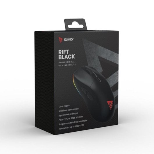 Mouse Savio RIFT BLACK Dual Mode Wireless USB-C 10000 DPI Nero RGB ultraleggero