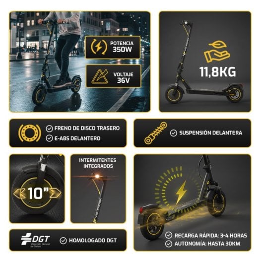 Voltrock F-Wasp 350 Patinete Eléctrico 350W, Con suspensión delantera, intermitentes y doble freno (Homologado DGT)