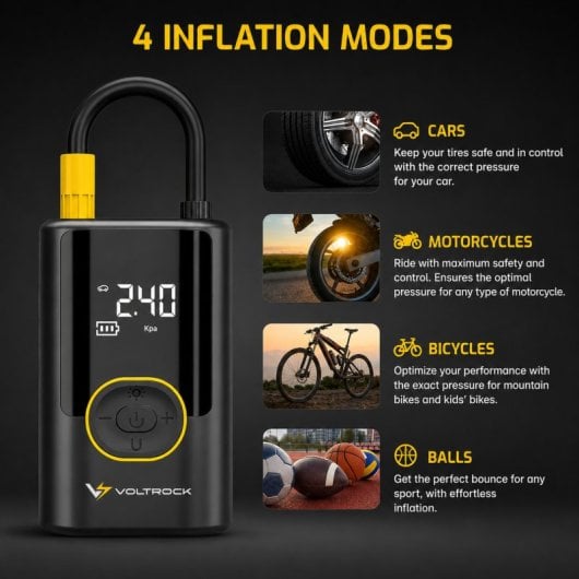 VoltRock QuickAir Inflador Eléctrico Portátil para Neumáticos | Compresor de Aire 150 PSI con Batería, USB-C, Power Bank y Linterna LED para oche, Moto, Bicicleta y Patinete