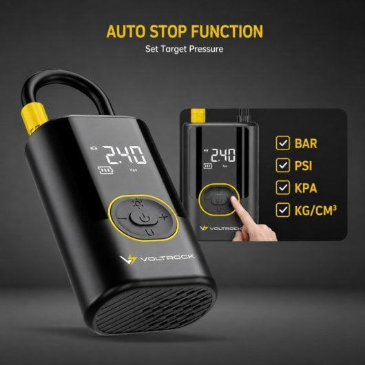VoltRock QuickAir Inflador Eléctrico Portátil para Neumáticos | Compresor de Aire 150 PSI con Batería, USB-C, Power Bank y Linterna LED para oche, Moto, Bicicleta y Patinete