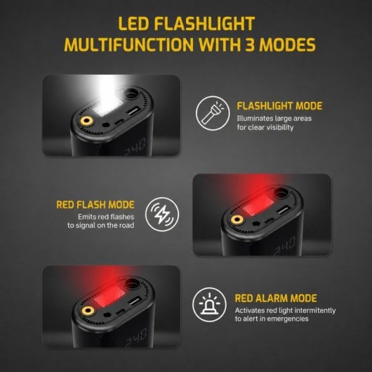 VoltRock QuickAir Inflador Eléctrico Portátil para Neumáticos | Compresor de Aire 150 PSI con Batería, USB-C, Power Bank y Linterna LED para oche, Moto, Bicicleta y Patinete