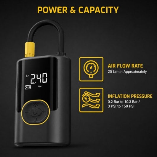 VoltRock QuickAir Inflador Eléctrico Portátil para Neumáticos | Compresor de Aire 150 PSI con Batería, USB-C, Power Bank y Linterna LED para oche, Moto, Bicicleta y Patinete