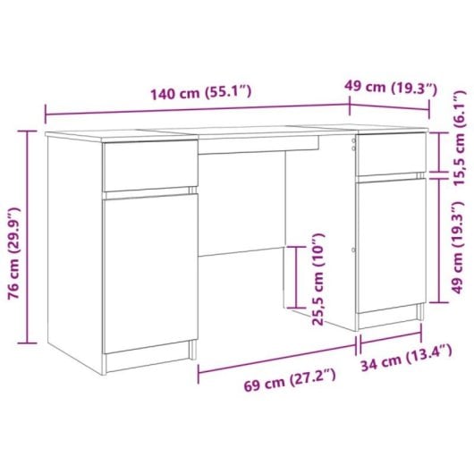Escritorio Vidaxl Rhima 2 Cajones 2 Puertas Blanco 140x49x76 cm Madera Estudio