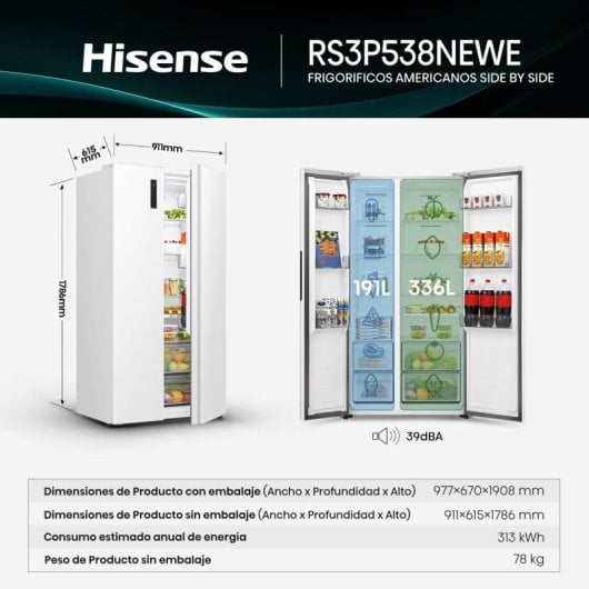 Frigorífico Americano Hisense RS3P538NEWE No Frost 178 cm 534L E Blanco Kitchen Fit