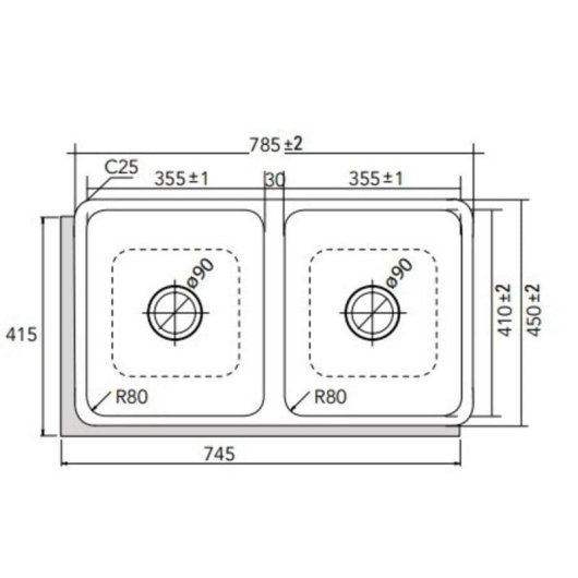 Fregadero CATA CB 2 Armario de Lavamanos Rectangular Acero Inoxidable 2 Senos