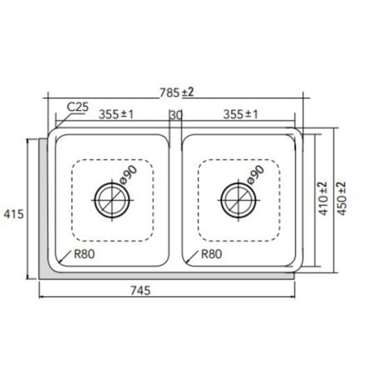 Fregadero CATA CB 2 Armario Lavamanos Acero Inoxidable 2 Senos Rectangular 785x450 mm