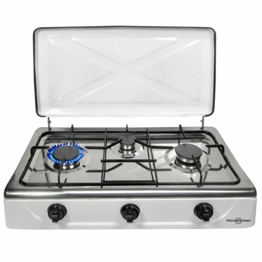 Hornillo Vitrokitchen 302BB 3 quemadores desmontables tapa acero blanco antideslizante