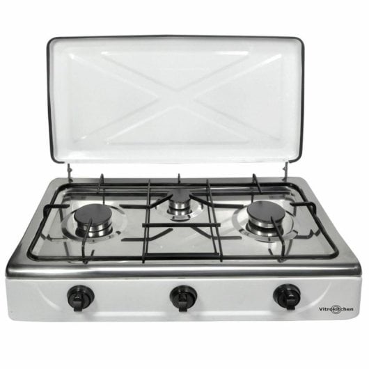 Hornillo Vitrokitchen 302BB 3 quemadores desmontables tapa acero blanco antideslizante
